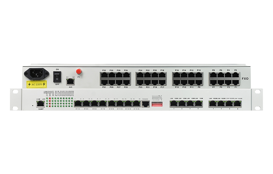 飛暢科技-32路電話+16E1+4FE+4GE+2路數(shù)據(jù)+SNMP+console（19英寸，物理隔離）電話光端機